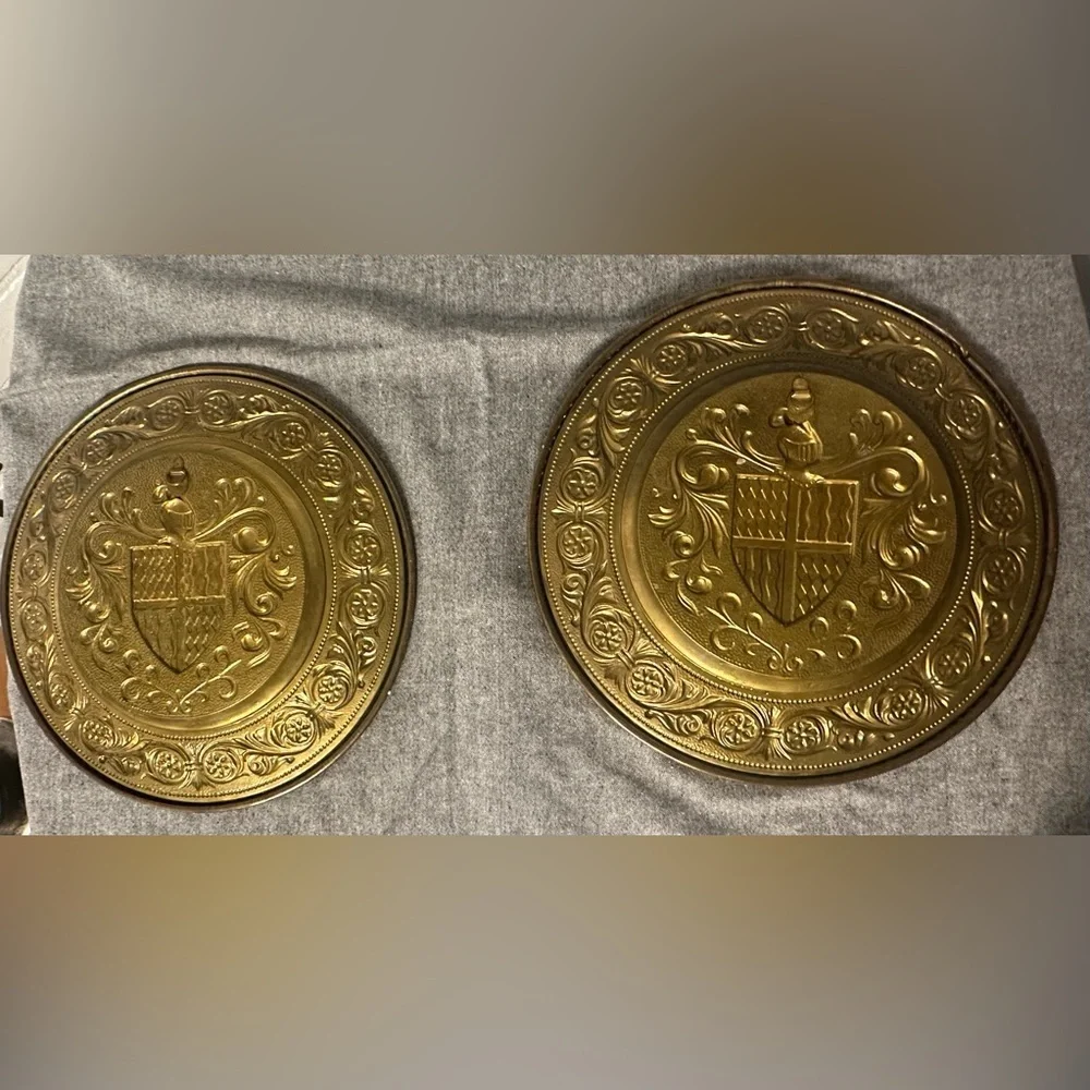 Elegant Brass / White Shield Coat of Arms Wall Plaques. Set of 2